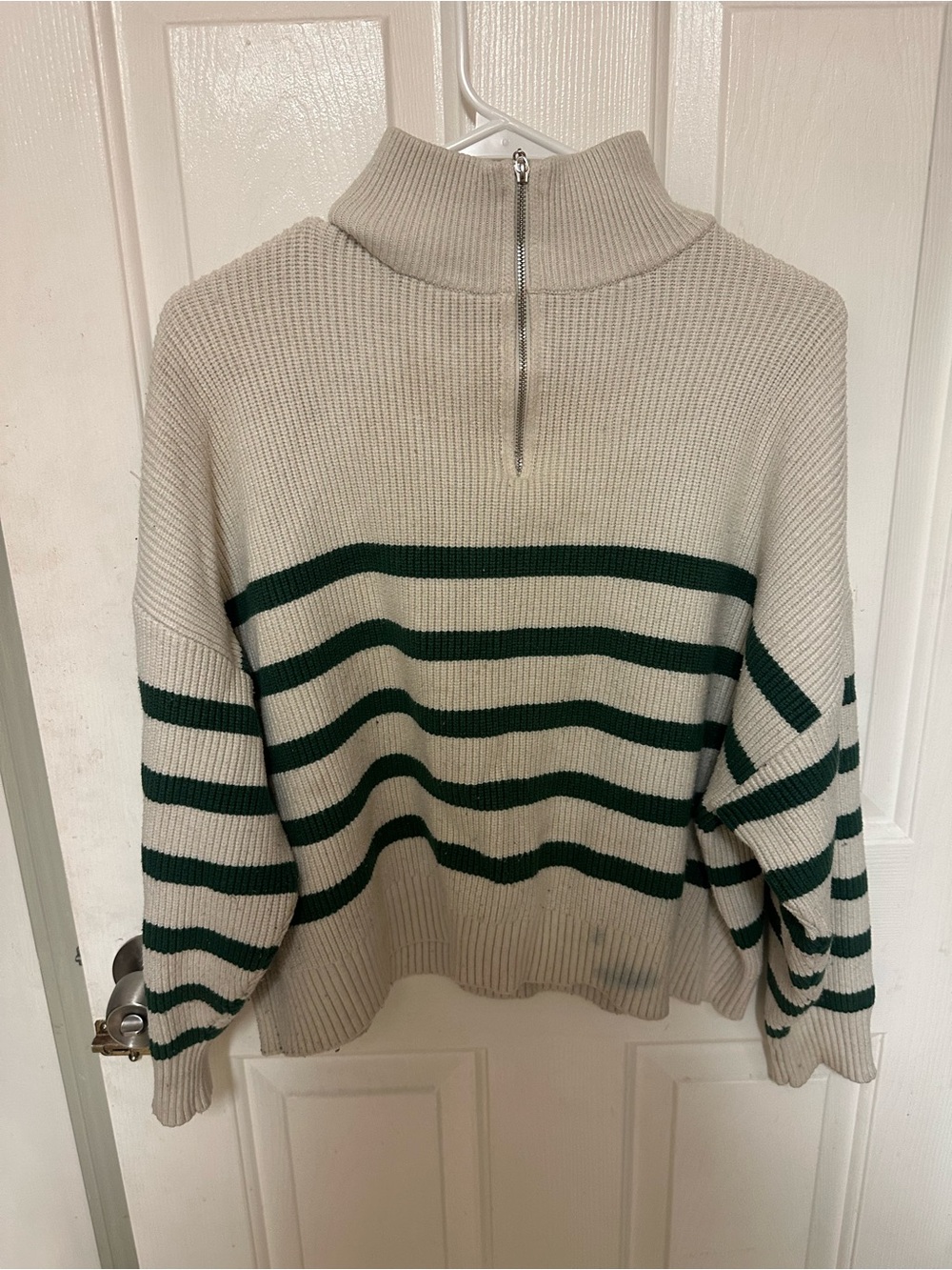 MNG by MANGO Cream and Dark Green Striped Half-Zip Sweater